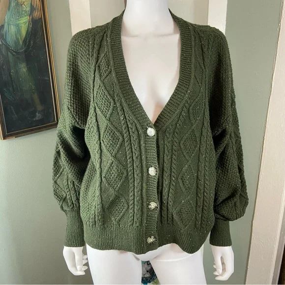 NWT New LOFT Forest Green Flecked Cable Knit Cardigan Sweater XLarge XL - Picture 2 of 11